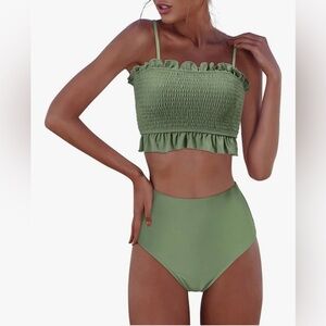 RXRXCOCO Olive Green Smocked Bandeau High-Waist Bikini Set